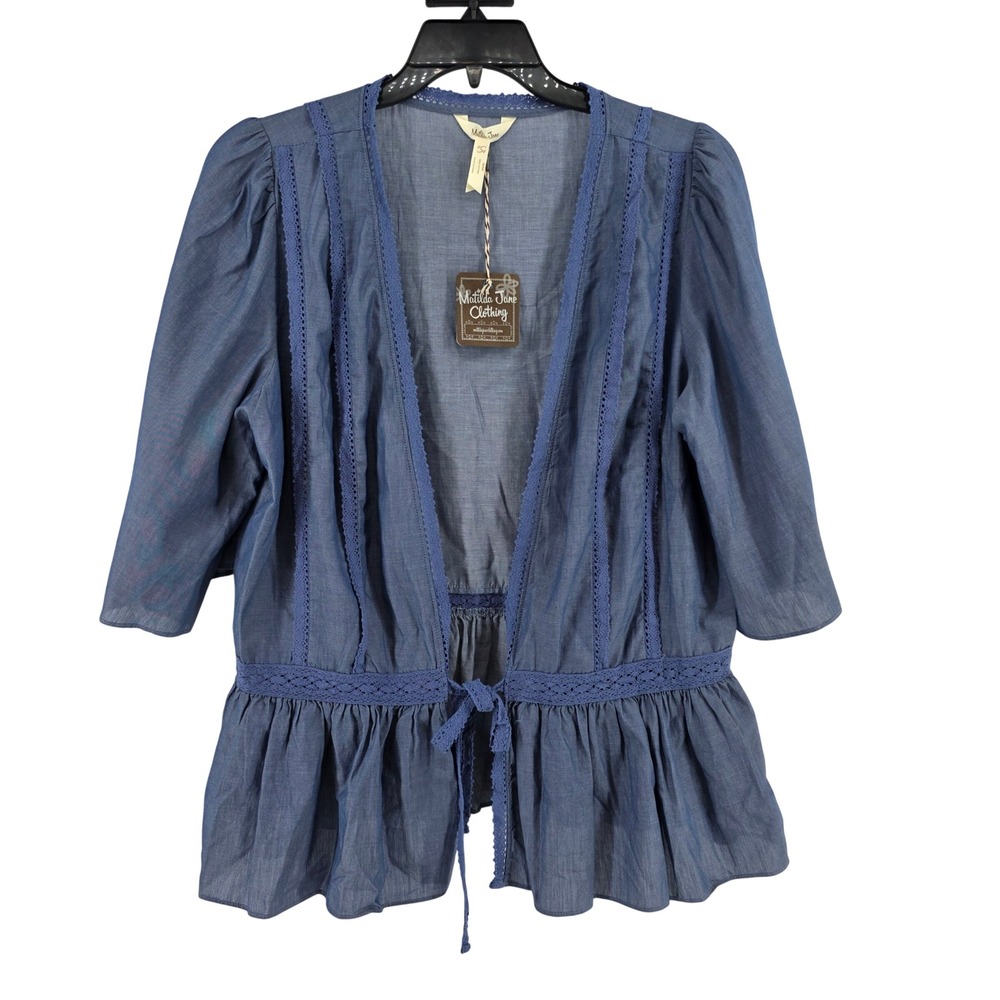 Matilda Jane Blue Cotton Chambray Crochet Lace Peplum Tie Front Cardigan Top L